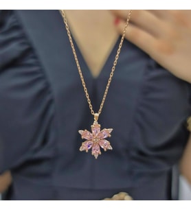 Gümüş Pembe Renkli Damla Taşlı Çiçek Tasarımlı Rose Kaplama 925 Ayar Gümüş Kolye (Karışık)