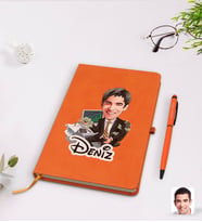 BK Gift Kişiye Özel Erkek Bankacı Karikatürlü Turuncu Termo Deri Defter Kalem Seti Model 3