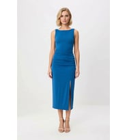 Kadın Kolsuz Balıkçı Yaka Bodycon Maxi Elbise Astarlı Micro Dokuma Yandan Yırtmaçlı Günlük Rahat