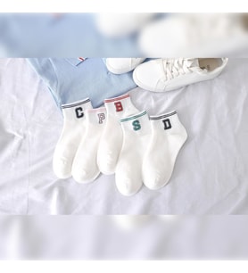 5 Çift Çizgili Harf Kolej Kadın  Çorap (Beyaz)