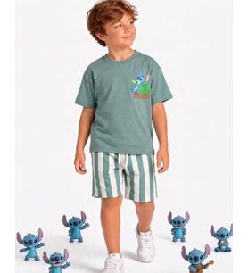 Cg Kids Stitch Baskılı Erkek Çocuk Tshirt Şort Alt Üst Takım Sırt Baskı Detaylı
