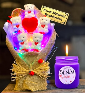 Kişiye Özel Renkli Led Işıklı Ayıcık Buketi ve Mor Kokulu Mum Hediye Seti