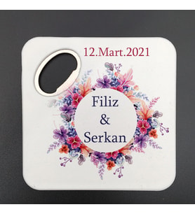 UV Baskılı Kare Açacak Magnet Bardak Altlığı Nikah Hatırası Pembe Mor Çiçekli 30 Adet