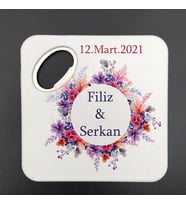 UV Baskılı Kare Açacak Magnet Bardak Altlığı Nikah Hatırası Pembe Mor Çiçekli 30 Adet