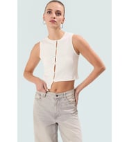 Fitilli Crop Örme Bluz Asimetrik Kesim Bisiklet Yaka Özenle Seçilmiş Rahat Ve Şık Görünüm (Ekru)