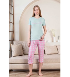 Monox Kadın Perfectly Baskılı Bermuda Kısa Kol Pijama Takımı (Yeşil)