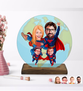 BK Gift Kişiye Özel Süper Aile Karikatürlü Yuvarlak Ahşap Standlı Biblo-2