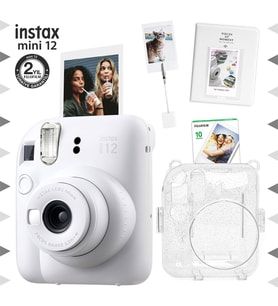 Instax mini 12 Beyaz Fotoğraf Makinesi-10'lu Film-Kıskaçlı Stand-PVC Albüm ve Simli Pleksi Kılıf Seti