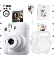 Instax mini 12 Beyaz Fotoğraf Makinesi-10'lu Film-Kıskaçlı Stand-PVC Albüm ve Simli Pleksi Kılıf Seti