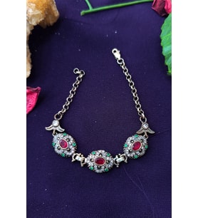 Oval Model Yakut ve Zümrüt Taşlı 925 Ayar Gümüş Otantik Bileklik