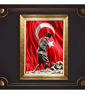 Altın Varaklı Çerçeveli Paspartulu Atatürk Tablo z5108 (Gold)
