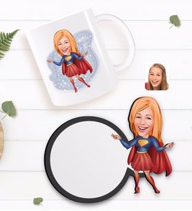BK Gift Kişiye Özel Süper Girl Karikatürlü Beyaz Kupa ve Ahşap Bardak Altlığı Hediye Seti-1