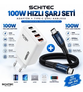 SChitec 100W 4 Çıkışlu Hızlı Şarj Başlığı ve 100W Type-C to Type-C Süper Hızlı Şarj Kablosu 1.2