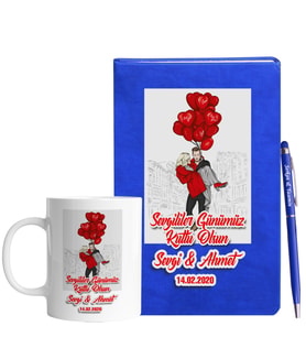 Sevgililer Gününe Özel Mavi Defter Kalem & Kupa Hediye Seti 17