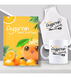 BK Gift Kişiye Özel İsimli Mutfak Önlüğü Kupa ve Yemek Tarif Defteri Hediye Seti-1 (Model 1)