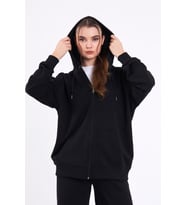 Siyah Kanguru Cepli Kapüşonlu Fermuarlı Oversize Kadın Sweatshirt MTLCB73