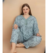 Pijamerry Kadın Büyük Beden Dantel Yaka Bambu Uzun Kol İnce Pijama Takımı 5672 - 1 Adet (Yeşil)