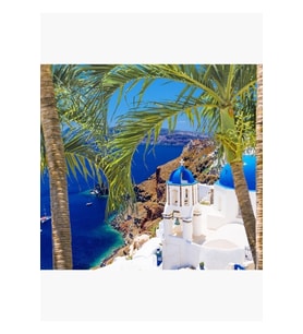 Santorini Yunanistan Mamma Mia Lacivert Deniz Palmiye Ağaçları Tablo Ahşap Poster Dekoratif