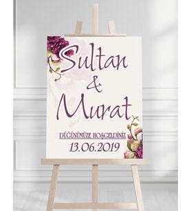 Söz Nişan Düğün İçin 50x70 Karşılama Panosu - Mor Çiçek Tasarımlı 008