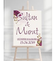 Söz Nişan Düğün İçin 50x70 Karşılama Panosu - Mor Çiçek Tasarımlı 008