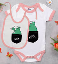 BK Kids Little Monster Tasarımlı Pembe Bebek Body Zıbın ve Mama Önlüğü Hediye Seti-1