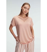 Kadın Kısa Kol V Yaka Kadın Viskon Çizgili Yazlık Dokuma Transparan Tül Detaylı Pijama Takımı (Renksiz)