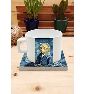 Kediler ve Sanat/Van Gogh Yıldızlı Gece The Starry Night Set 4 - Fincan Kupa-Taş Bardak Altlığı 5