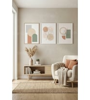 Doğal Tonlarda Modern Geometrik ve Yaprak Motifli 3’lü Ahşap Çerçeveli Tablo Seti
