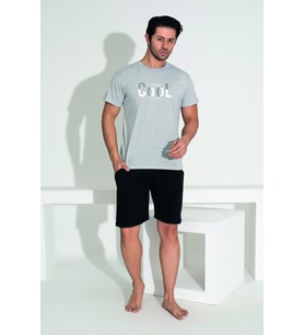 Erkek Yazlık Cool Baskılı Kısa Kollu Şortlu Penye Pijama Takımı (Gri)
