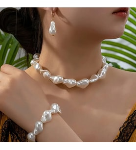 Şık Zarif Elegant Barok Inci Set Kolye Bileklik Küpe (Beyaz)
