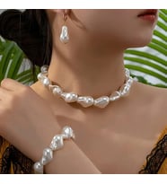 Şık Zarif Elegant Barok Inci Set Kolye Bileklik Küpe (Beyaz)