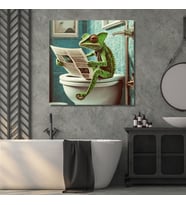 Tekli Kare Kanvas Banyo Tablosu Gazete Okuyan Yeşil Bukalemun