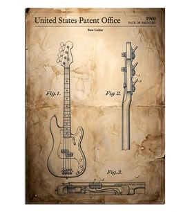 Bas Gitar Patent Çizimi Vintage Tablo Dekoratif Kanvas - Mdf Ahşap Tablo