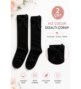 2 Çift Burun Dikişsiz Kız Çocuk Kurdeleli Dizaltı Çorap