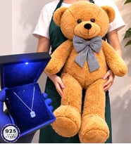 Premium Set Büyük Boy Kahve Peluş Ayıcık ve Işıklı Kutusunda 925 Ayar Gümüş Kolye (Model 5)