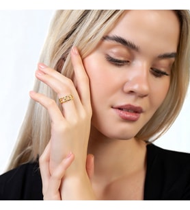 Zincir Tasarım Gold Renk Free Size 925 Ayar Gümüş Kadın Yüzük