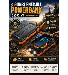 20000 mAh Güneş Enerjili Powerbank Kablosuz Şarj ve Hızlı Şarj Destekli