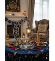 Dekoratif 28 cm Hilal Eskitme Gümüş Ramazan Led Lamba 10 cm Kancalı Set