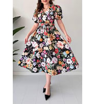 Neşeli butik kadın kuşaklı poplin kumaş desenli elbise NBMY3467 (Siyah)