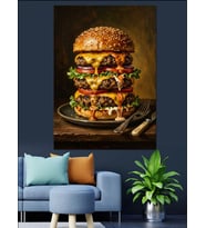 Üst Üste Binmiş Üçlü Hamburger Dekoratif Kanvas - Mdf Ahşap Tablo