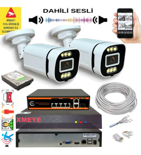 2 li Yapay Zeka Destekli 5 MP Görüntü POE Bağlantılı Sesli 6 Warm Led Gece Renkli IP Kamera Seti 4386WS