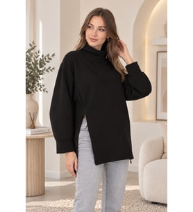 Palena PLNL4280 Balıkçı Yaka Yan Fermuarlı Sweatshirt - Siyah