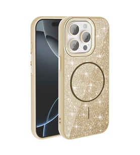 Apple iPhone 15 Pro Uyumlu Kılıf M-safe Şarj Özellikli Parlayan Simli Zore Okso Kapak (Gold)