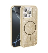 Apple iPhone 15 Pro Uyumlu Kılıf M-safe Şarj Özellikli Parlayan Simli Zore Okso Kapak (Gold)