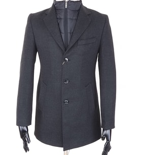 Erkek Slim Fit  Antrasit Çıkmalı Ceket Yaka  İçi Kapitoneli Tek Yırtmaç  Dizüstü Kaşe Kaban 