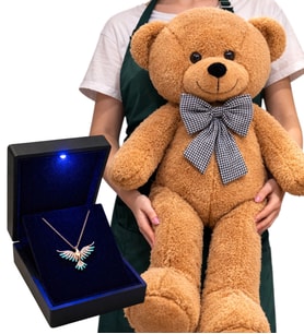 Büyük Boy 80 cm Kahve Peluş Ayıcık ve 925 Ayar Gümüş Renkli Taşlı Zümrüdü Anka Kuşu Kolye Hediye Seti