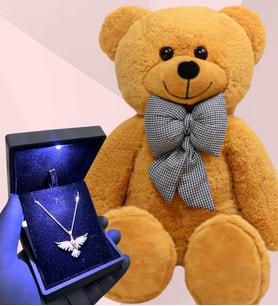 Büyük Boy Peluş Ayıcık ve Işıklı Kutuda 925 Ayar Gümüş Zümrüdü Anka Kuşu Kolye - Premium Hediye Seti (Model 2)