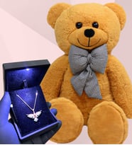 Büyük Boy Peluş Ayıcık ve Işıklı Kutuda 925 Ayar Gümüş Zümrüdü Anka Kuşu Kolye - Premium Hediye Seti (Model 2)
