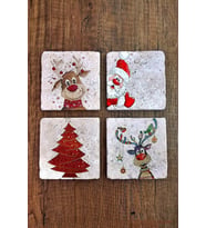 Yeni Yıl - Yılbaşı Doğal Taş Bardak Altlığı Uv Baskılı 4'lü Set - Stone Coasters