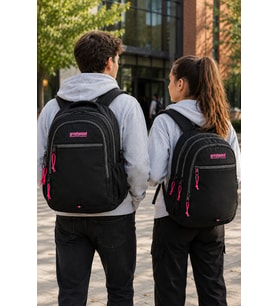 Siyah Pembe Sırt Çantası 3 Bölmeli Su Geçirmez Okul Günlük Spor Seyahat Çantası 45x35x15 cm